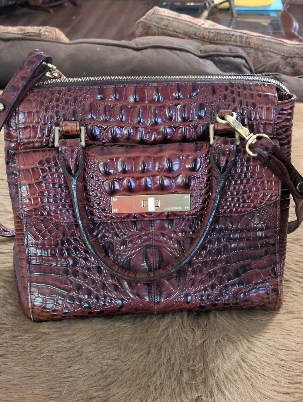 BRAHMIN Embossed Croc Leather Satchel Handbag - Brown